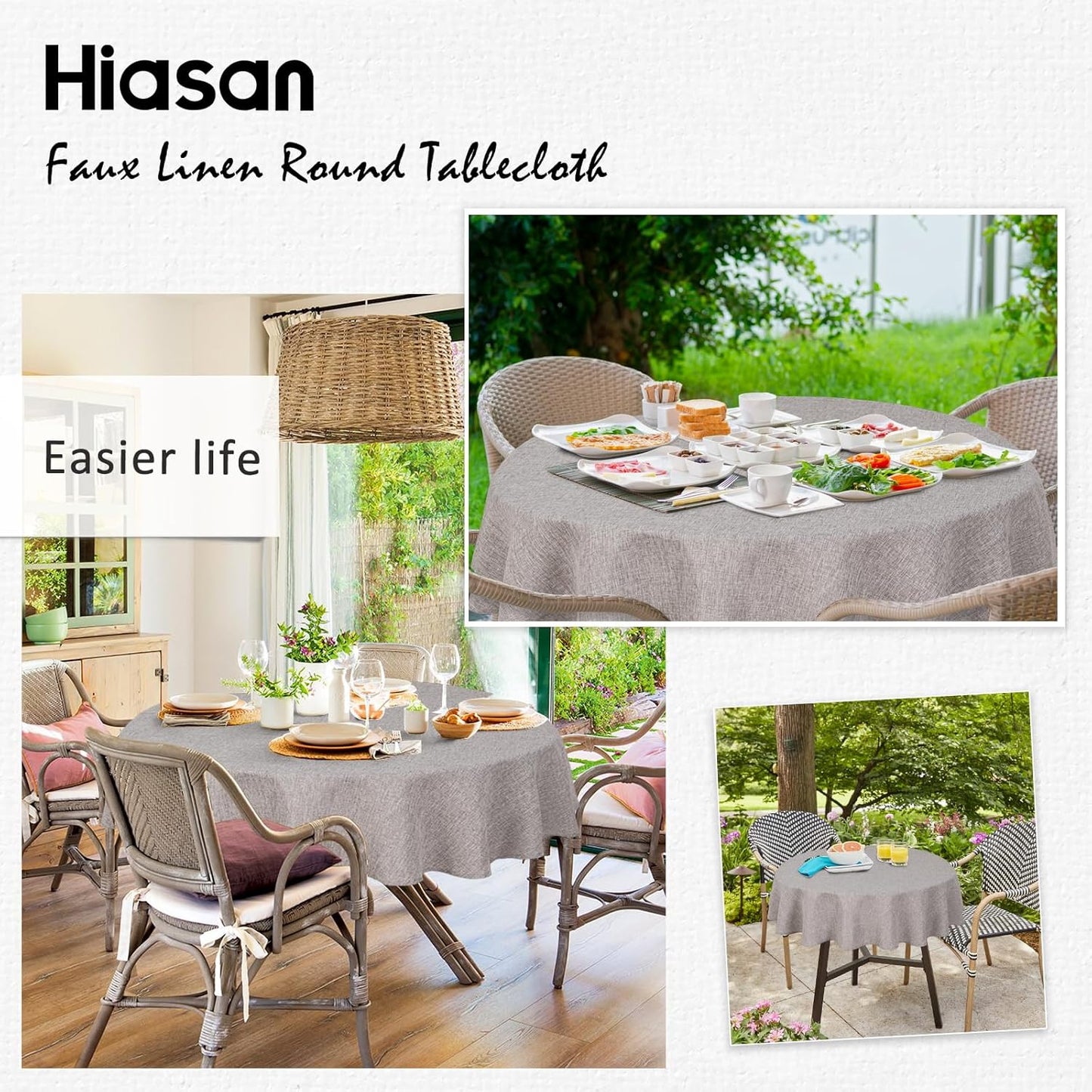 Hiasan 60 Inch Linen Round Table Cloth - Wrinkle and Stain Resistant Washable Polyester Fabric Table Cloth for Dining Room Kitchen Party, Stone