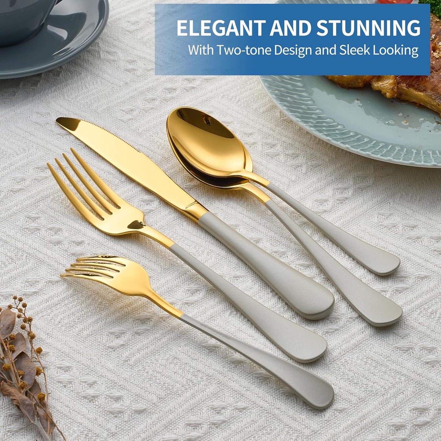20-Piece Off white & Gold Silverware Set, 18/0 Stainless Steel Colorful Handle Flatware Set,Service for 4,Modern Cutlery Set Includes Dinner Knives Forks Spoons,Mirror Polished,Dishwasher Safe