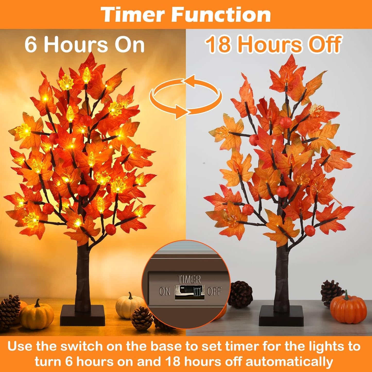 2 Pack 24 Inch Prelit Fall Maple Tree Decorations with 48 LEDs Timer Fall Battery Operated Light Up Artificial Pumpkin Acorn Lighted Maple Tree for Thanksgiving Harvest Table Home Indoor Decor
