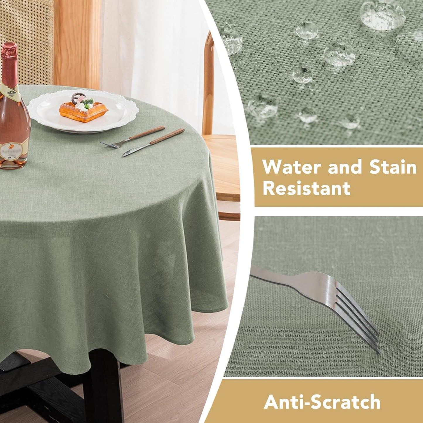H.VERSAILTEX Linen Table Cloths Round 60 Inch Premium Tablecloth Spill-Proof Waterproof Table Cover for Dining Buffet Feature Extra Soft and Thick Fabric Wrinkle Free, Sage