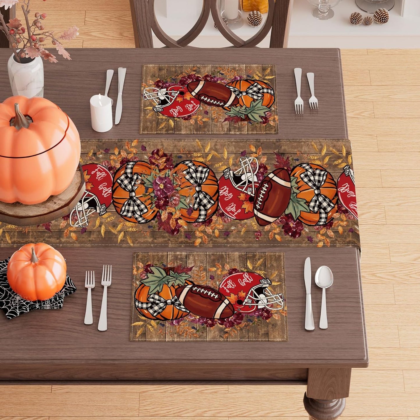 XCHI Fall Football Pumpkin Wood Placemats Set of 4 Table Mats for Party Home Kitchen Dining Table Decorations 12x18 Inch