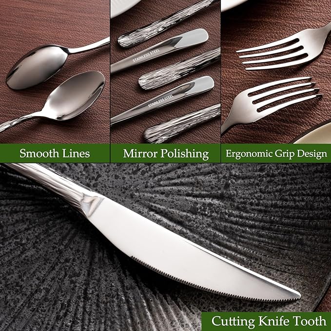 Aisoso 60-Piece High-End Silverware Set with Stone Patterned Handle Mirror Finished Stainless Steel Serving Utensils for 12, Durability and Dishwasher Safe for Home, Restaurant, Weddings