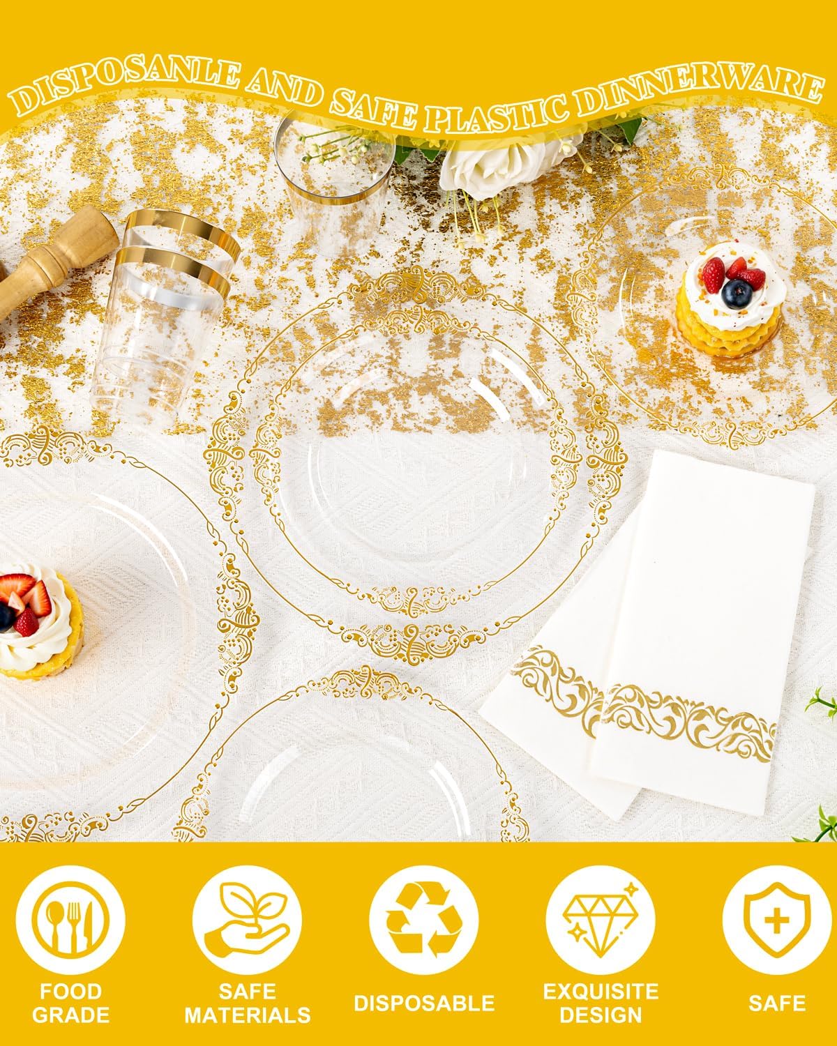 YOUBET 700PCS Clear Gold Plastic Plates - Elegant Gold Plastic Dinnerware Set Include 200 Disposable Plates, 300 Heavy Duty Silverware, 100 Cups, 100 Napkins for Wedding Party & Thanksgiving