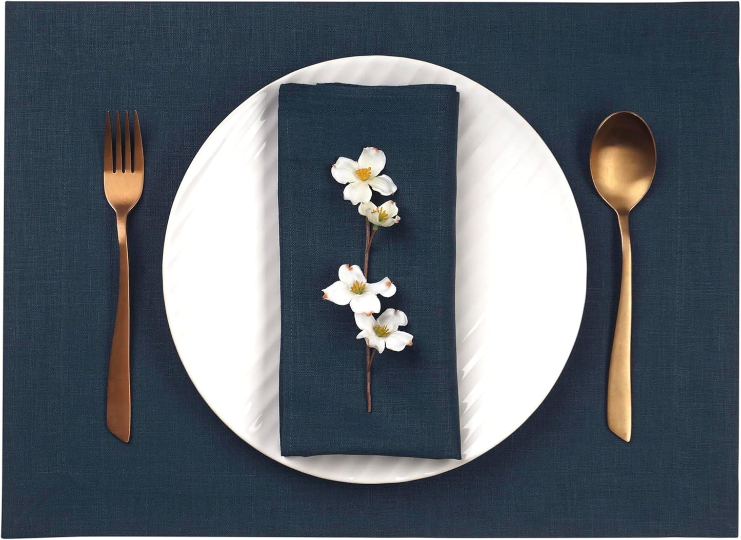 D'Moksha Homes Linen Navy Blue Placemats Set of 4-100% Pure Linen Placemats 14 x 19 Inch for Fall, Autumn and Halloween - Handcrafted and Machine Washable