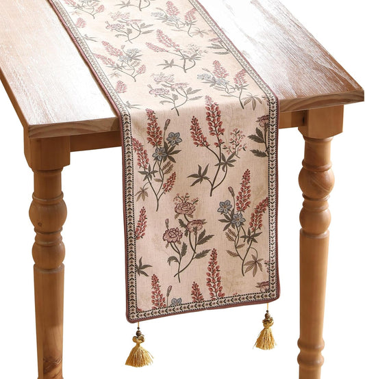 ISAENNE Designer Light Beige Linen Table Runner 102 Inches Long,Vintage Floral Wrinkle Resistant Decor Table Runners for Dining Tables,Christmas,Thanksgiving,Kitchen Tables,12"*102"-Helena A