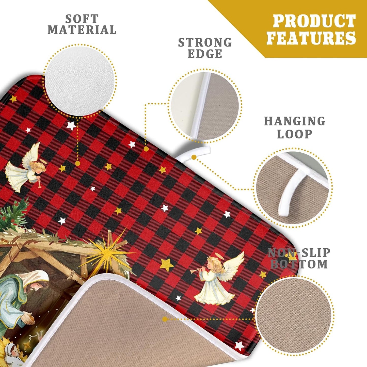 Christmas Dish Drying Mats for Kitchen Counter Xmas Nativity Scene Red Black Buffalo Plaid Absorbent Microfiber Dishes Mat Drying Pad with Loop for Home Countertops,16 x 18 Inches