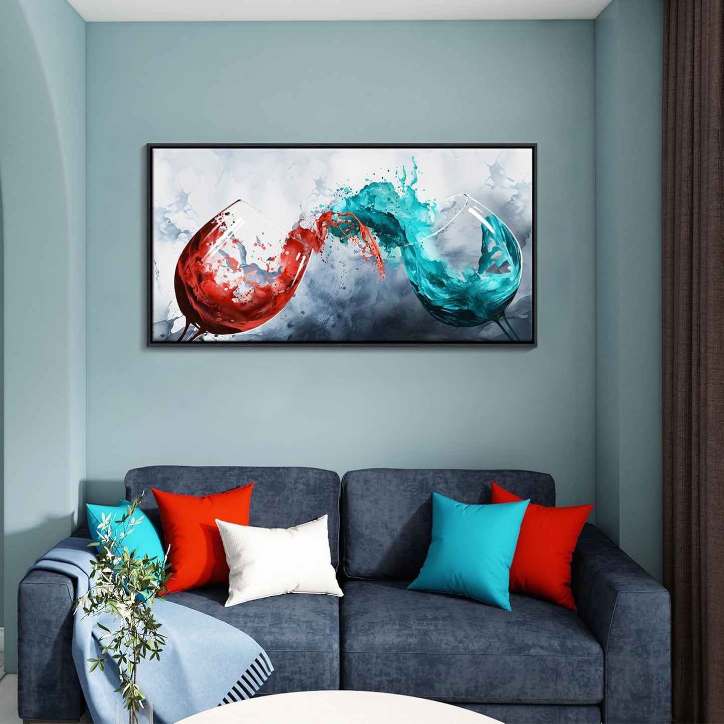 Framed Blue & Red Wine Glass Collisions Canvas Art | 24x48 inches | Modern Kitchen & Dining Room Decor | Abstract Wine Cup Painting | Contemporary Bar & Living Room Wall Art | pictures wall decor