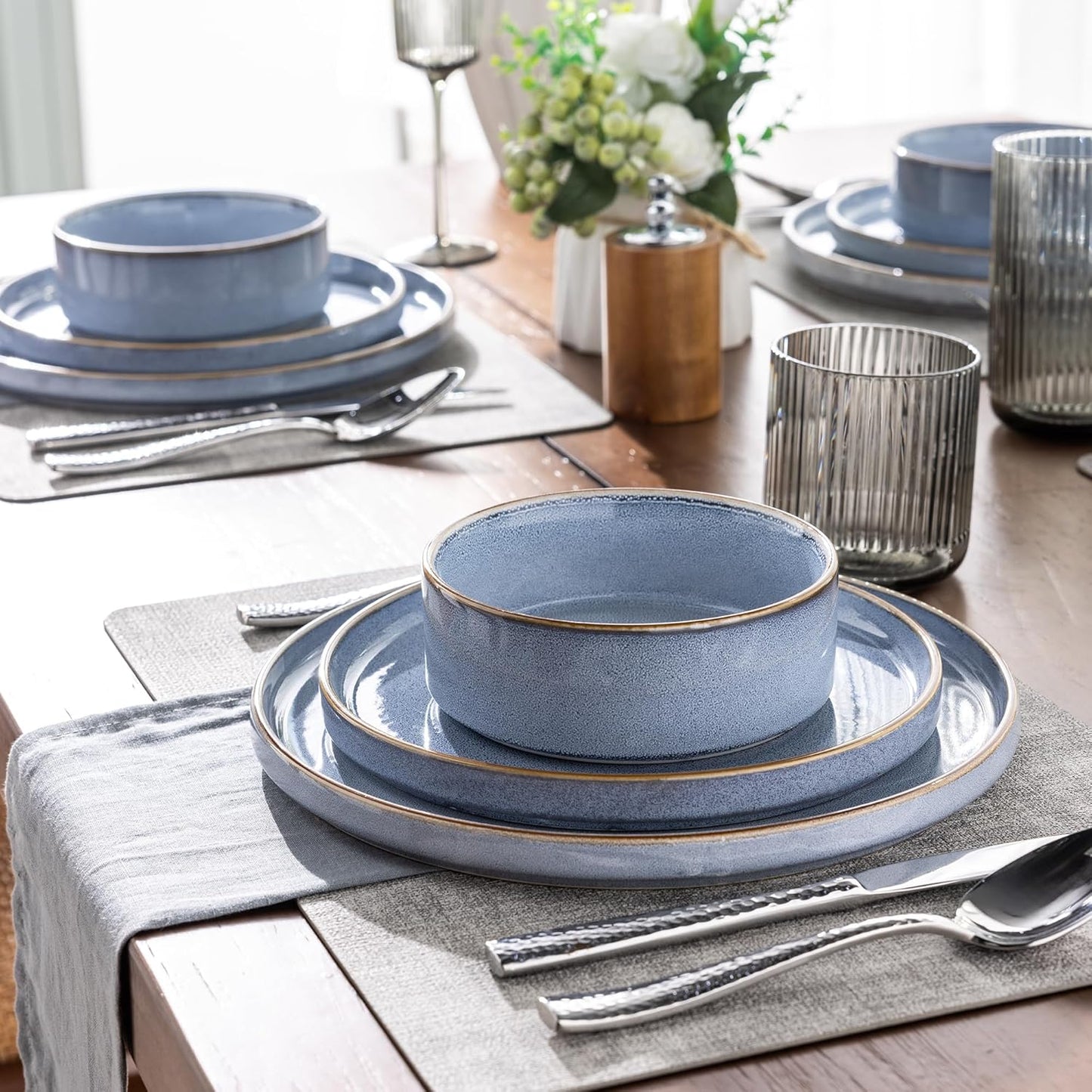 GBHOME Ceramic Dinnerware Sets for 4, 12 Pieces Stoneware Plates and Bowls Sets, Reactive Glaze Dishes -Scratch Resistant, Dishwasher&Microwave Safe-Brunnera Blue