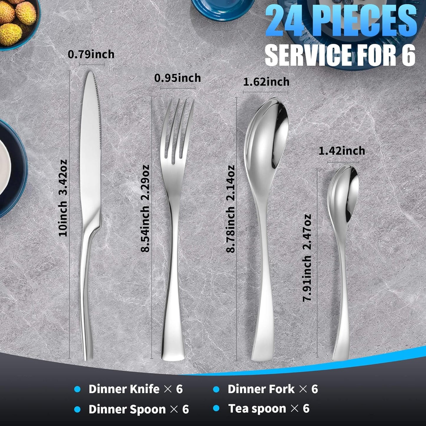 Lemeya 24-Piece Silverware Set for 6,Heavy Duty 18/10 Stainless Steel Cutlery Set with Forged Stand Knife,Modern Flatware Utensils Set,Forks Spoons and Knives Set,Mirror Polished,Dishwasher Safe