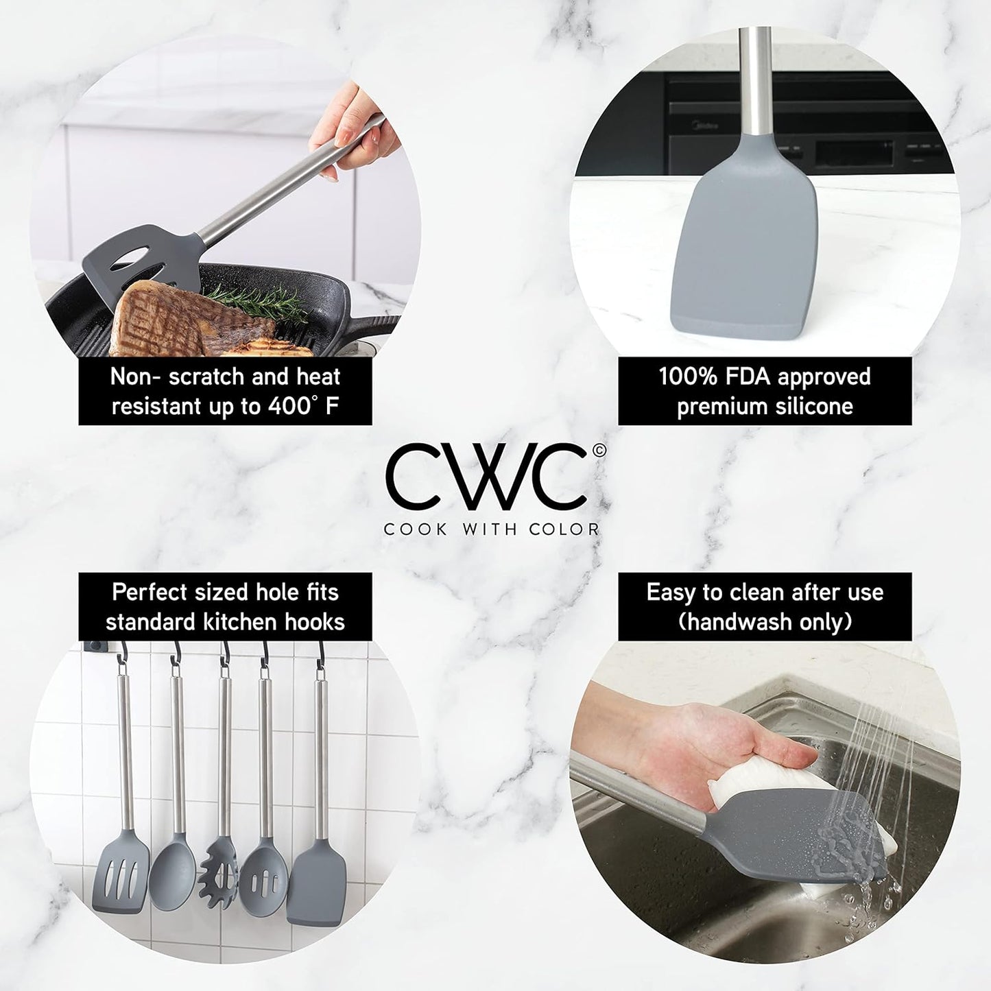 COOK WITH COLOR Silicone Cooking Utensils, Kitchen Utensil Set, Easy to Clean Silicone Kitchen Utensils, Cooking Utensils for Nonstick Cookware, Kitchen Gadgets Set, 5 Pieces, Gray - Stainless Steel