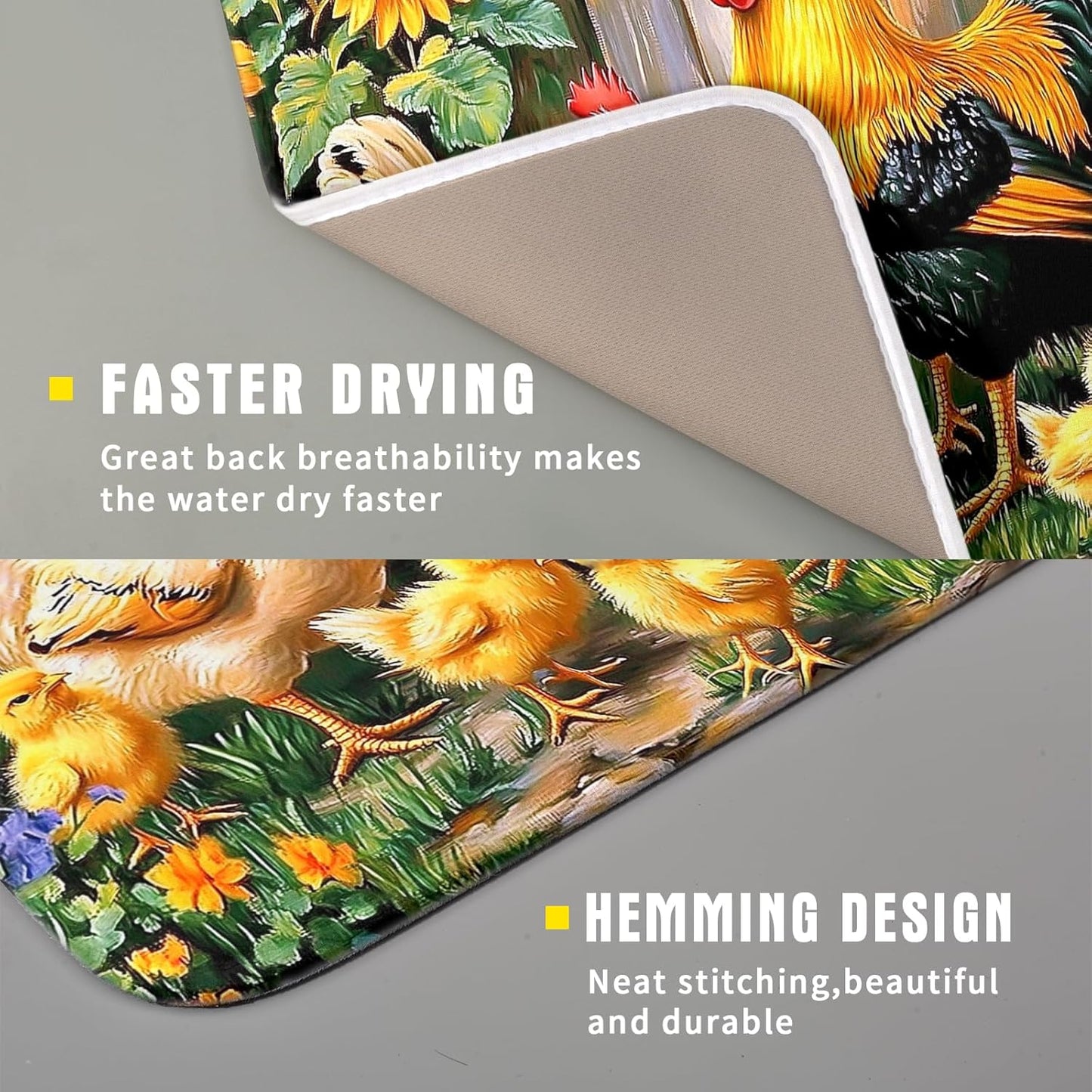 Rooster Dish Drying Mats 16x18 Inch,Farmhouse Chickens Sunflower Rustic Wooden Fence Microfiber Absorbent Draining Racks Sink Drainer Pad for Kitchen Coffee Maker Counter Decor