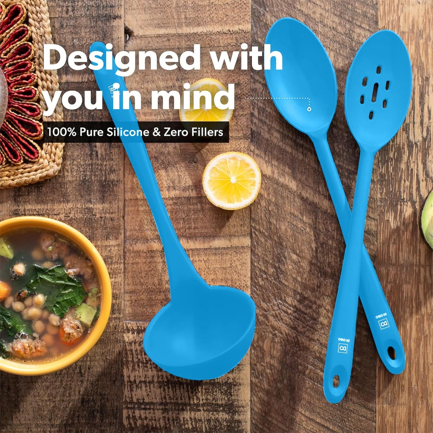 DI ORO Silicone Ladle & Spoons for Cooking – Large Kitchen Spoons for Mixing, Serving, & Stirring - Soup Ladle with Wide Bowl - High Heat Silicone Kitchen Utensils for Nonstick Cookware Safe (Blue)