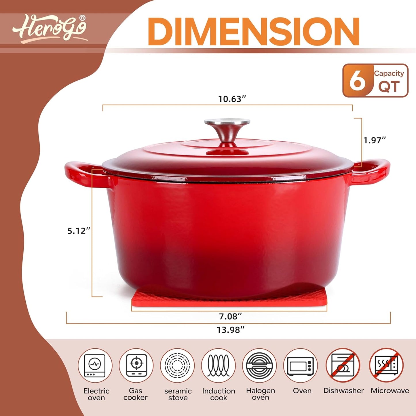 Herogo 6QT Enameled Cast Iron Dutch Oven & Silicone Trivet Mat, Round Dutch Oven Pot with Lid Dual Handles for Bread Baking Stewing Roasting, Safe for Various Stovetops, Nonstick & Easy Cleanup-Red