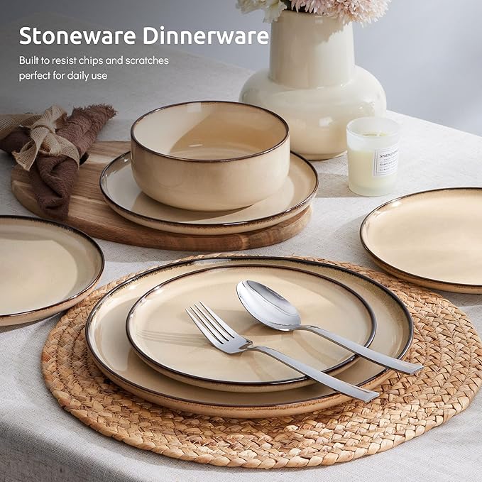 E-far 18-Piece Dinnerware Sets, Stoneware Plates and Bowls Set for 6, Reactive Glaze Dinning Ware Dishes, Microwave & Dishwasher Safe - Sandy Beige