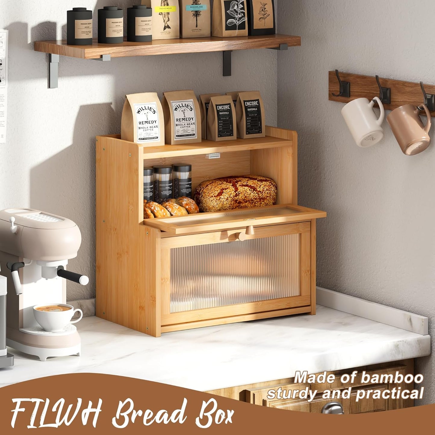 FILWH Bread Box for Kitchen Countertop Double Layer Large Corner Bread Box Capacity Bread Storage Bin Farmhouse Breadbox Container Organizer Cabinet Cupboard Nature