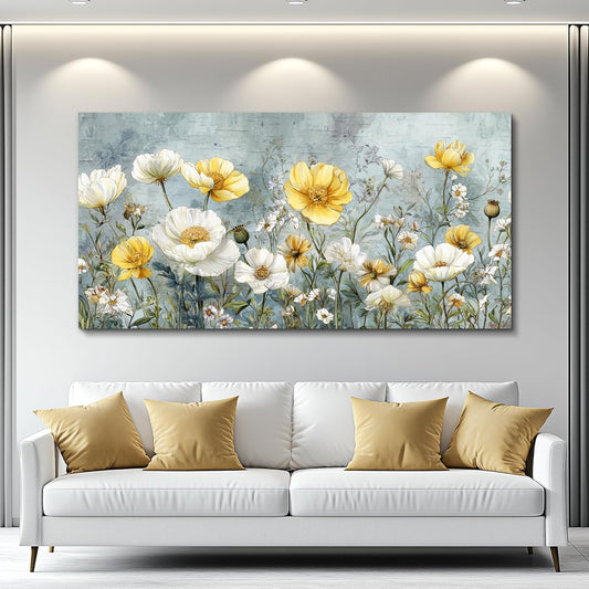 QIYILEXWART Canvas Wall Art For Living Room Large Wall Decor For Office Bedroom Decorations Yellow White Flowers Landscape Pictures Farmhouse Painting Artwork Room Wall Mural Aesthetic Home Decor 30x60 In