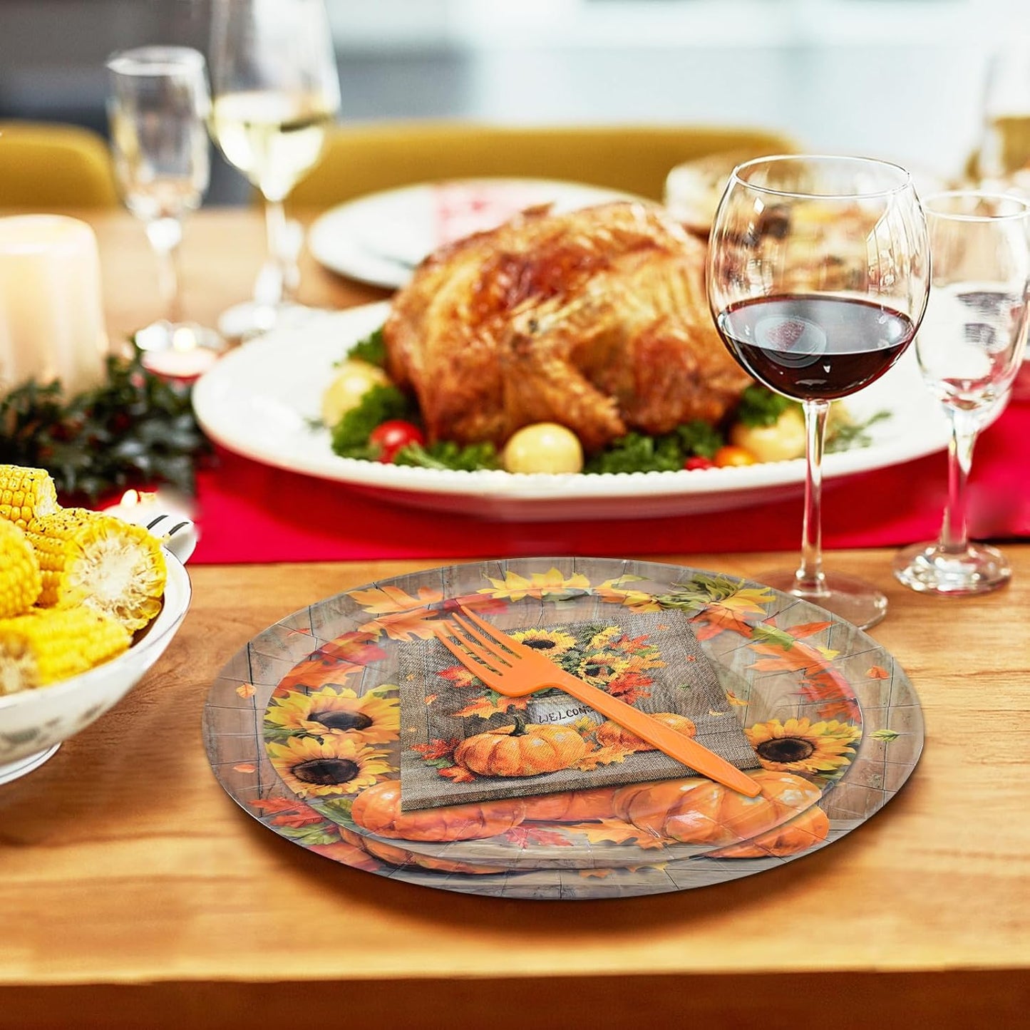 96 Pieces Thanksgiving Tableware Set – Rustic Pumpkin and Sunflower Disposable Dinnerware with Paper Plates, Napkins, and Forks for Thanksgiving Harvest Friendsgiving Fall Parties, Serves 24 Guests
