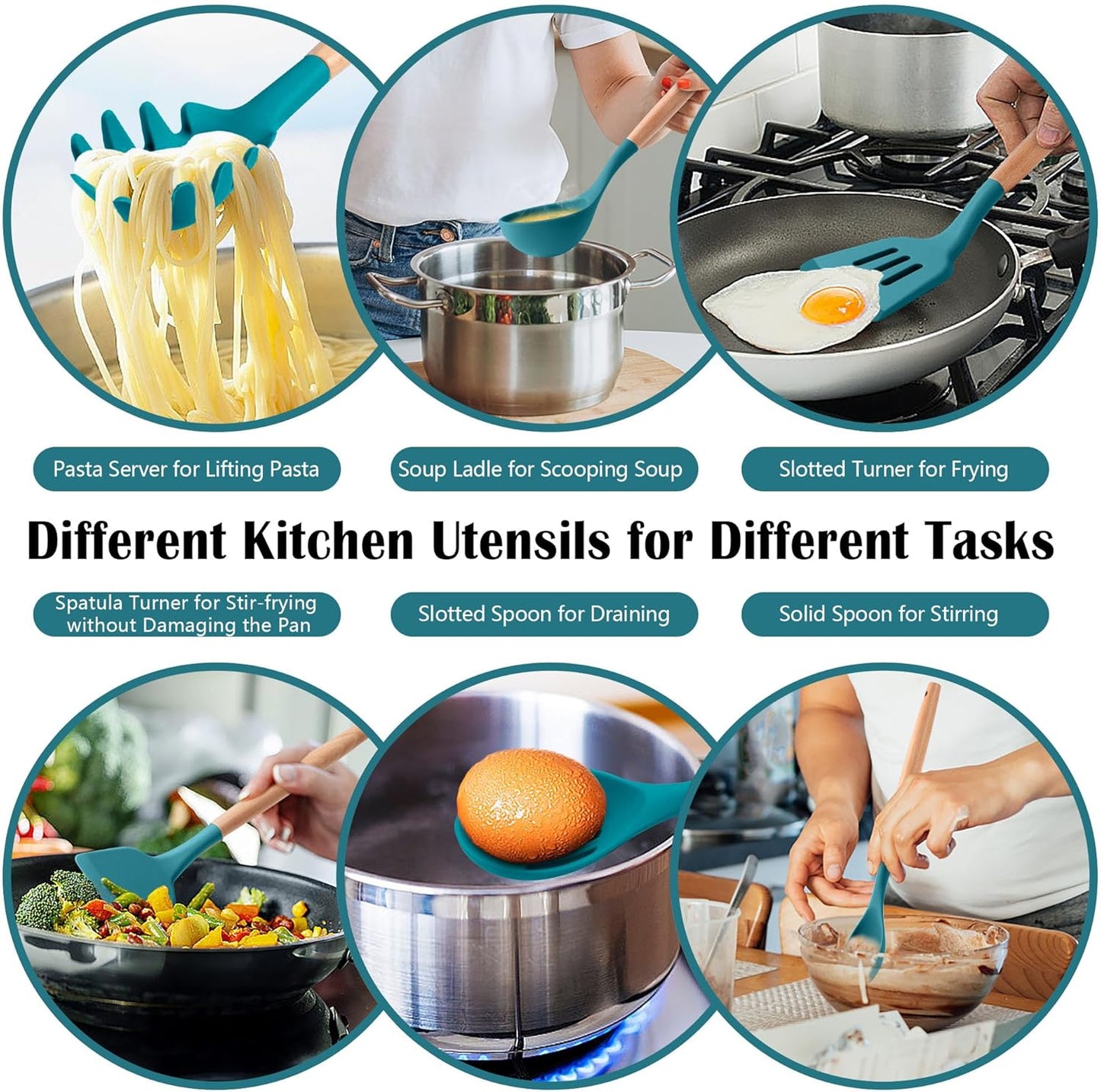 HaWare Kitchen Cooking Utensils Set, 23-Piece Silicone Kitchen Utensils Spatula Set with Holder, Heat Resistant Wooden Handle Kitchen Gadget for Nonstick Cookware, Food-grade Turner Spoon Sets (Blue)