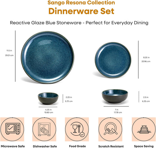 Sango 16-Piece Stoneware Dinnerware Set for 4, Glossy Black & Blue Plates and Bowls Sets with Reactive Glaze, Ceramic Dish Set, Modern Dishes for Everyday Dining, Microwave & Dishwasher Safe, Resona
