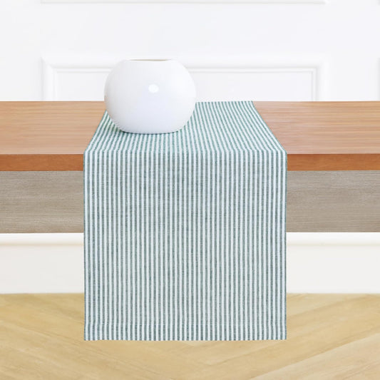 Solino Home Linen Striped Table Runner 108 Inches Long - Narrow Stripe 100% Pure Linen Rainforest and White Dining Table Runner 14 x 108 Inch for Christmas