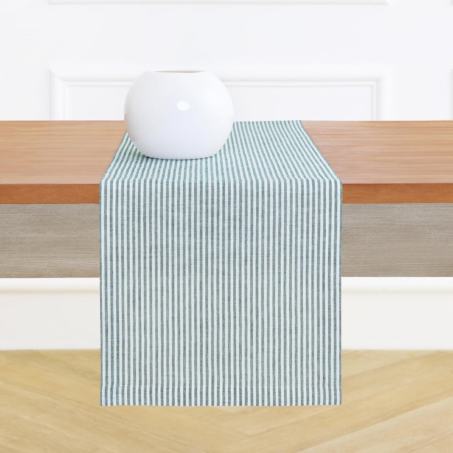 Solino Home Linen Striped Table Runner 60 Inches - Narrow Stripe, 100% Pure Linen Rainforest and White Small Table Runner 14 x 60 Inch Ideal for Dresser and Coffee Tables - Christmas