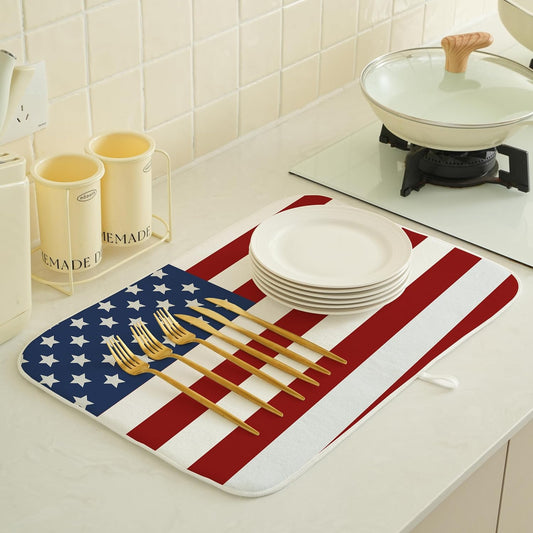 Independence Day Patriotic Dish Drying Mat for Kitchen Counter 18x24 Inch American Flag Dish Drying Pad 4th of July Stars and Stripes for Kitchen Counter Dining Room Decor
