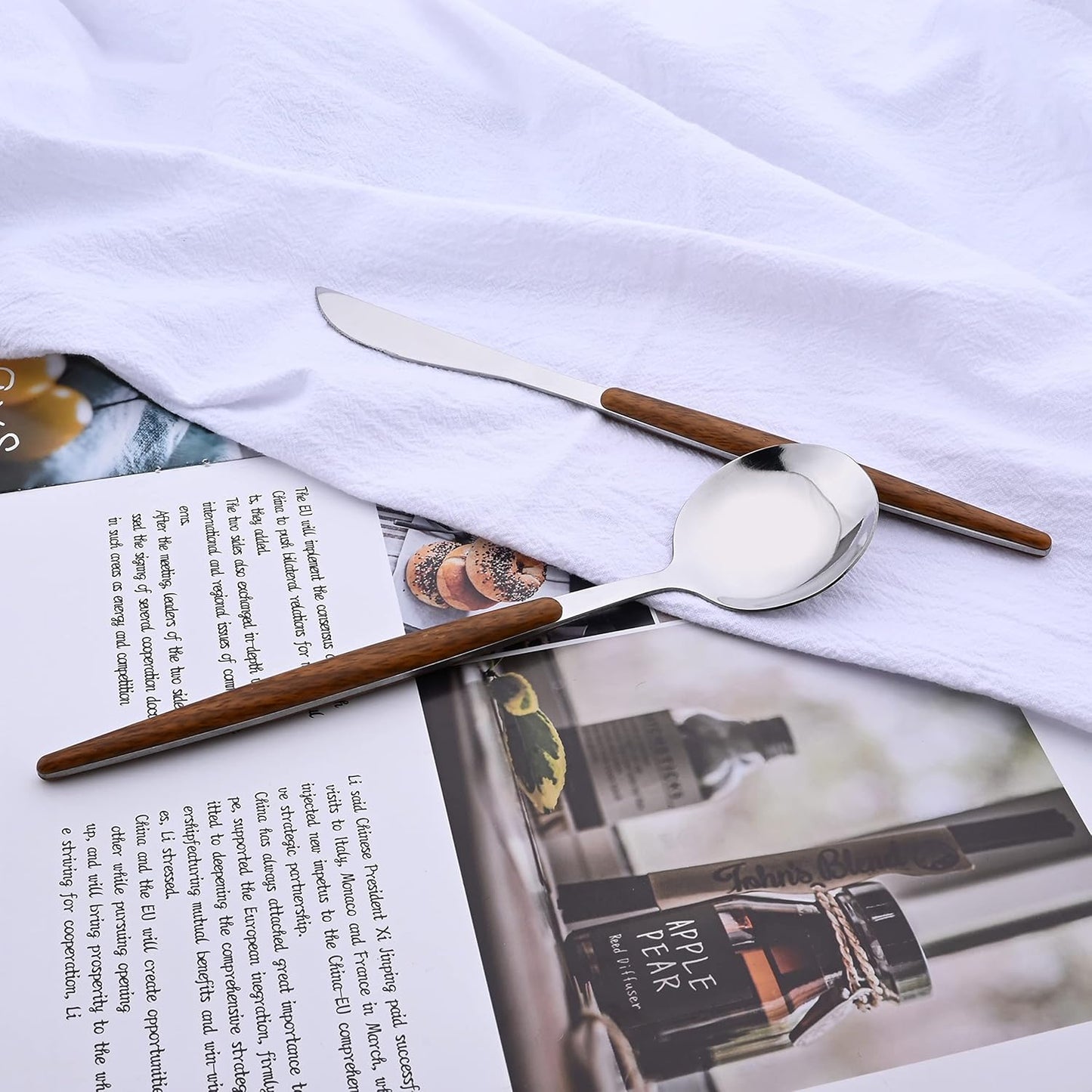 24-Piece Silverware Set for 6, Silver Mirror Polished Stainless Steel Flatware Set, Wooden Effect Handle Utensil Set for Home Hotel Restaurant, Family Cutlery Set Include Knife Fork Spoon