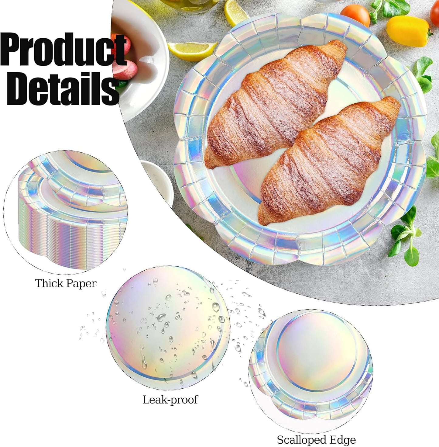 50PCS Iridescent Silver Paper Plates 7 Inch, Disposable Holographic Scalloped Plates Cake Dessert Plate for Mermaid Birthday Wedding Party Supplies (Iridescent Silver, 7 inch)