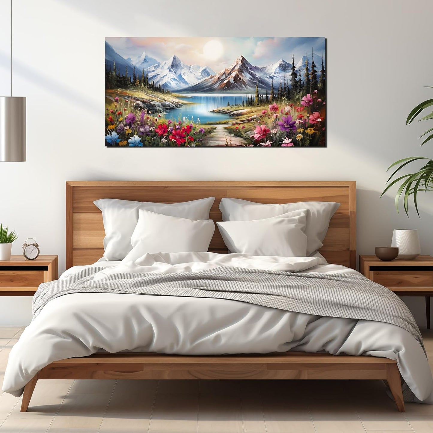 Large Canvas Wall Art for Living Room Farmhouse Decor Pictures Mountain River Landscape Wall Art Decor Prints Countryside Meadow Wildflower Artwork Canvas Painting Wall Decor for Bedroom 24x48 IN