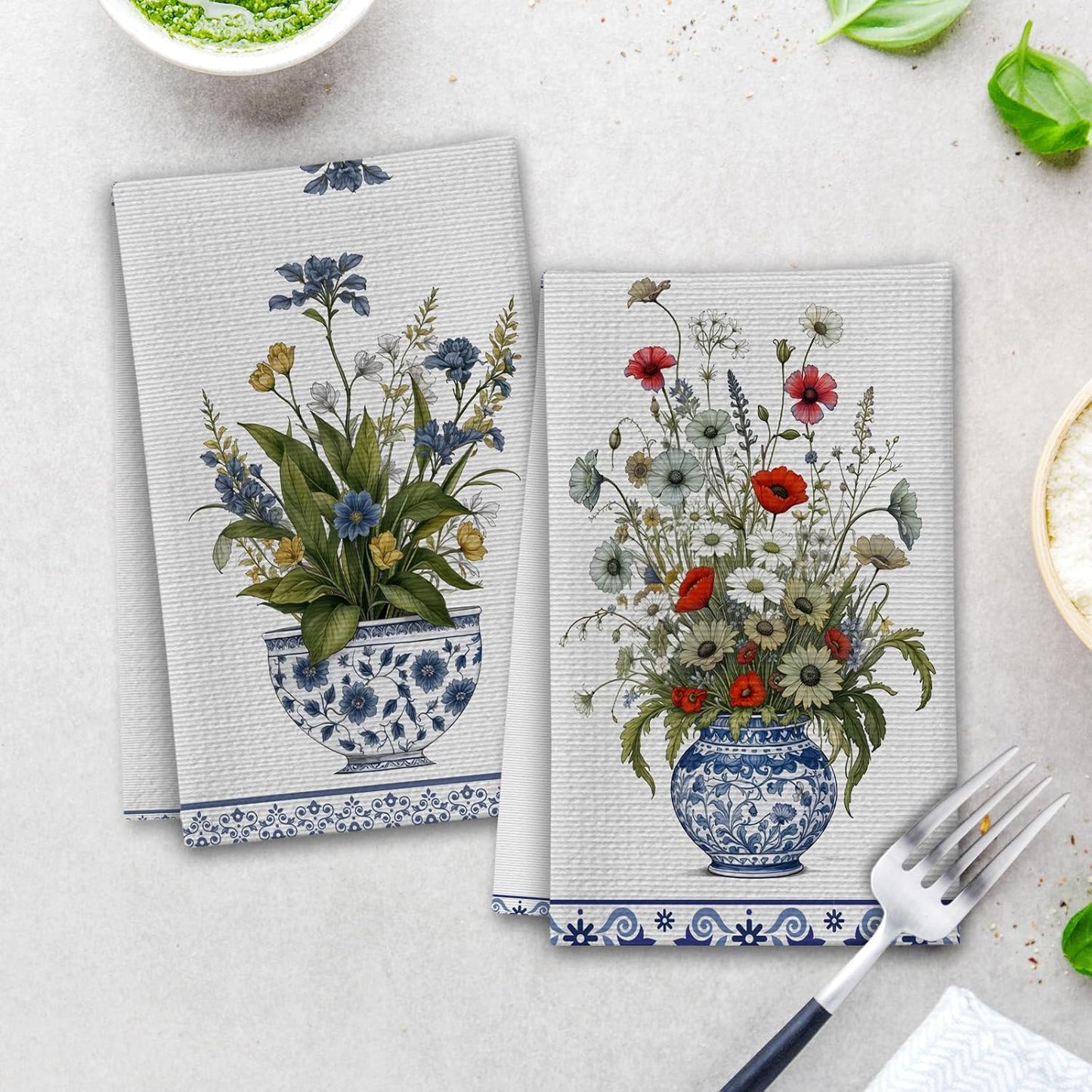 Colorful Flowers Kitchen Towels, Porcelain House Hand Towel Set of 2, Chinoiserie Gifts for Home Bathroom Holiday Decor - A09