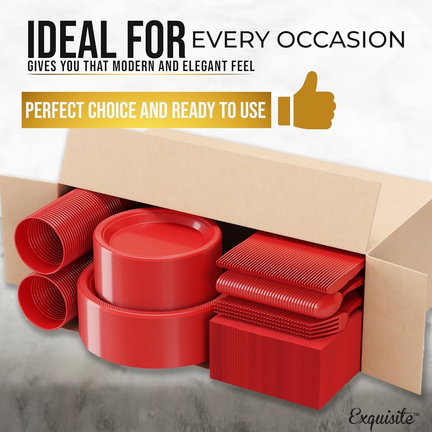 Party Solids 350 Pieces Red Plastic Plates For Party, Red Disposable Plates Set, 50 Of Each 9" Dinner Plate Set, 7" Dessert Plate, Cups, Napkins & Cutlery Plastic Dinnerware