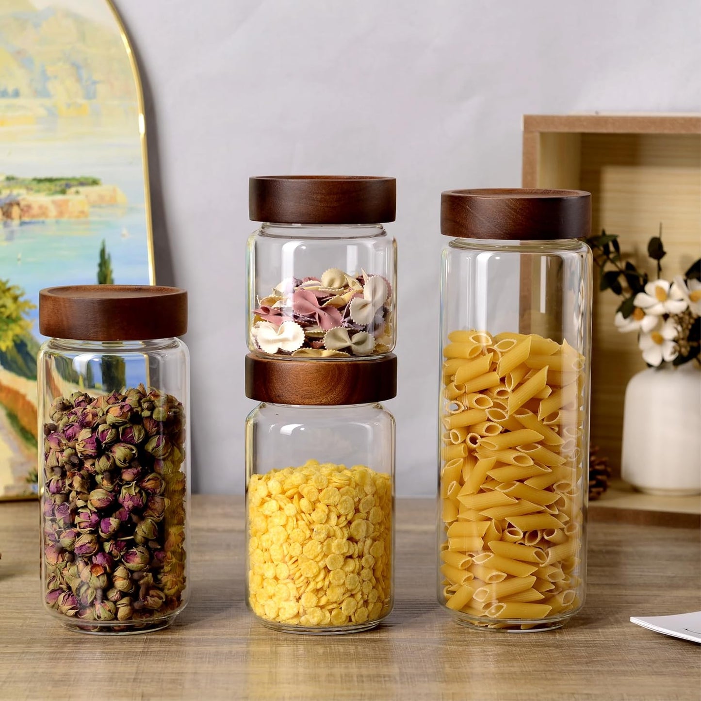 30 oz/900 ml Glass Jar with Airtight Wooden Screw Top Lid, Clear Stackable Food Storage Canister, Large Tall Decorative Glass Container for Coffee, Candy, Cookie, Sugar, Oatmeal, Salt, Pasta