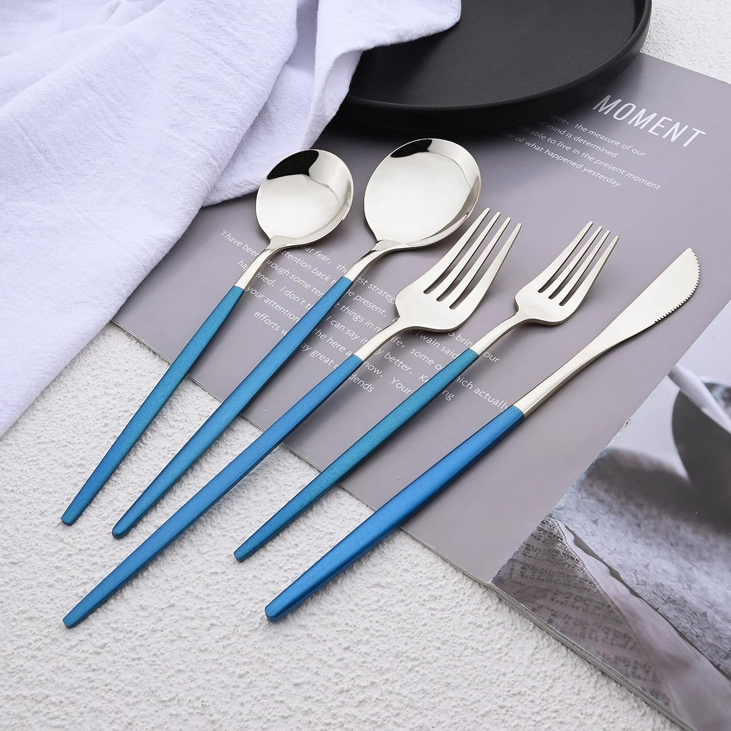 Silverware Set – 20 Piece Family Dinnerware Set – Flatware Set Service For 4 – Blue Silver Tableware Sets – Cutlery Great For Family Gatherings & Daily Use – Spoons, Knives, Forks