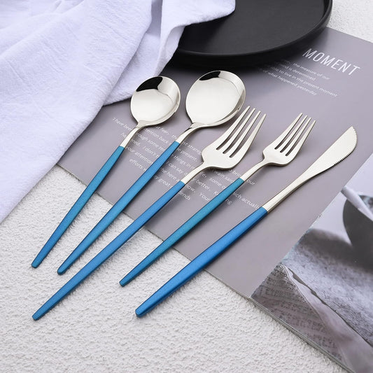 Silverware Set – 20 Piece Family Dinnerware Set – Flatware Set Service For 4 – Blue Silver Tableware Sets – Cutlery Great For Family Gatherings & Daily Use – Spoons, Knives, Forks