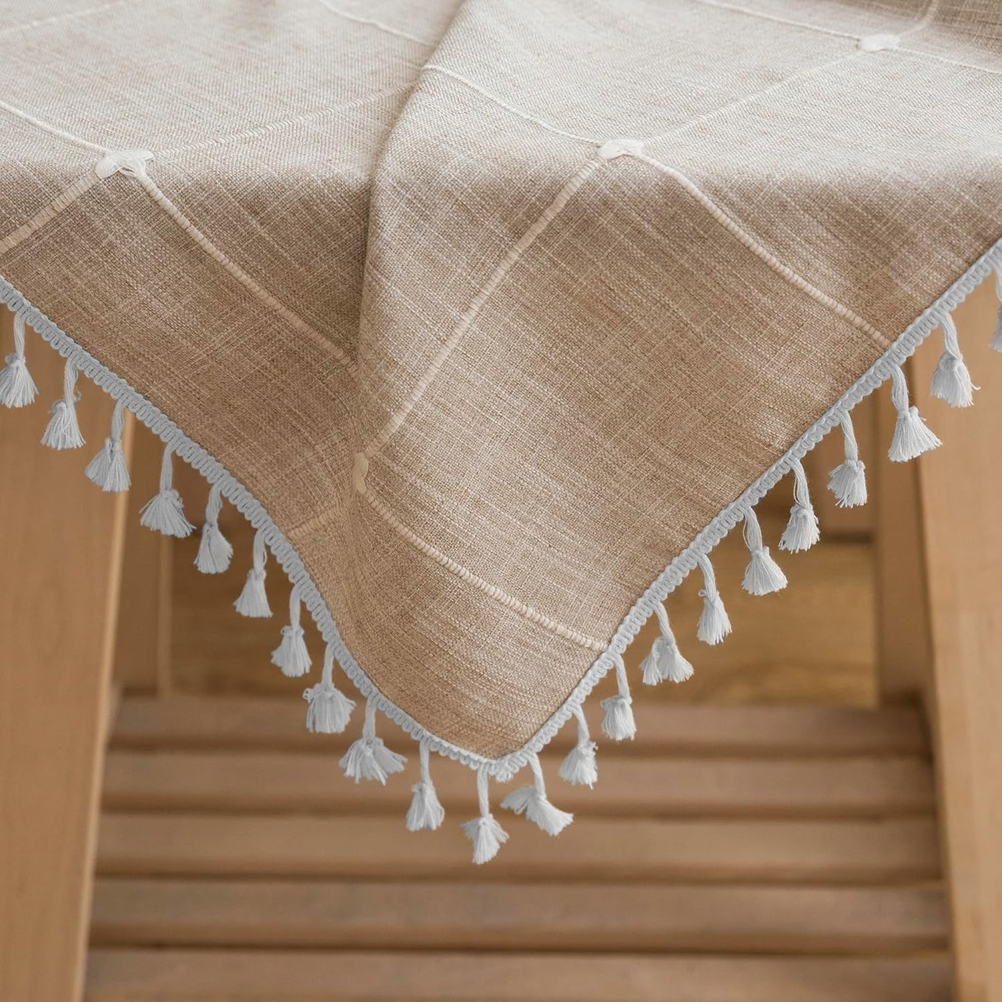 Oubonun Cotton Linen Rectangular Tablecloth - Wrinkle Resistant & Waterproof - Machine Washable Table Cloth with Tassels for Kitchen & Dining, 55''x102'', 8-10 Seats