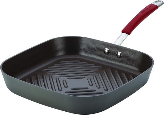 Rachael Ray Cucina Hard-Anodized Nonstick 11-Inch Deep Square Grill Pan, Gray with Cranberry Red Handle - 87632