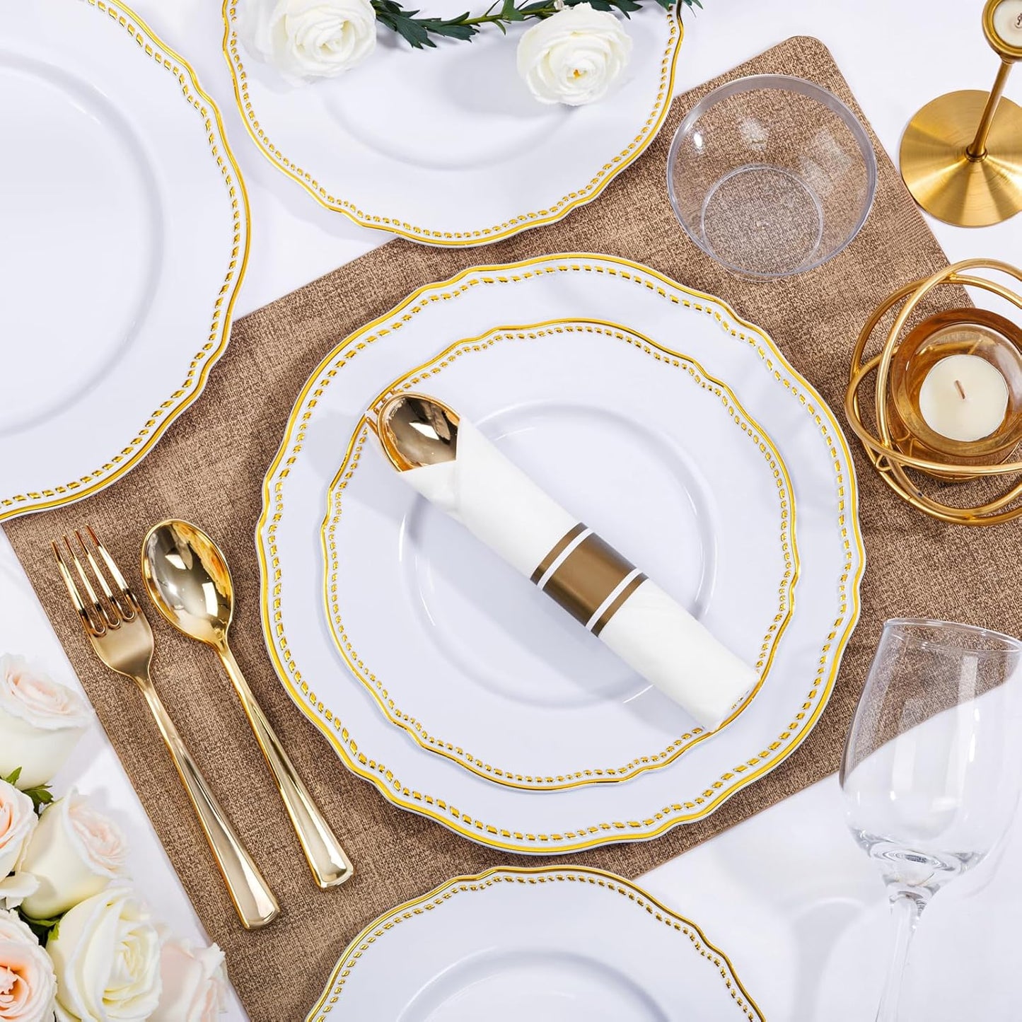 Hioasis 175pcs White and Gold Plastic Plates - Gold Plastic Dinnerware Set Includes 25 Dinner Plates, 25 Dessert Dinnerware, 25 Cups, 25 Rolled Napkin Cutlery Perfect for Thanksgiving & Party