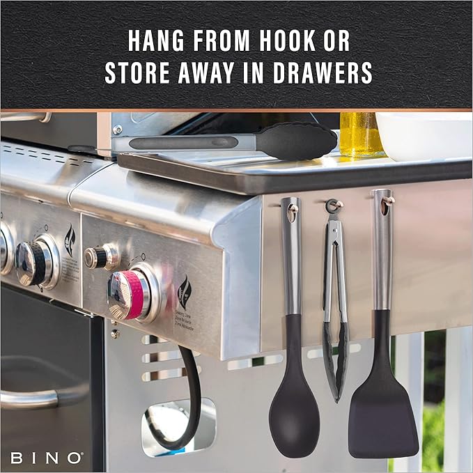 BINO 2-Piece Spoon & Turner Set with Stainless Steel Handles - Black | Heat Resistant BPA-Free Nonstick Cookware | Cooking Mixing & Serving Spoon | Cooking Utensils for Nonstick Cookware