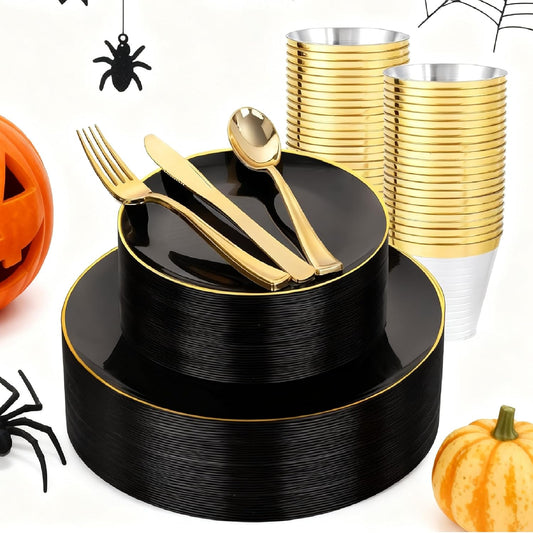 WDF 150PCS Black Plastic Plates - Black and Gold Plates Disposable - 25guest Disposable Dinnerware Sets for Party/Wedding/Halloween/New Year
