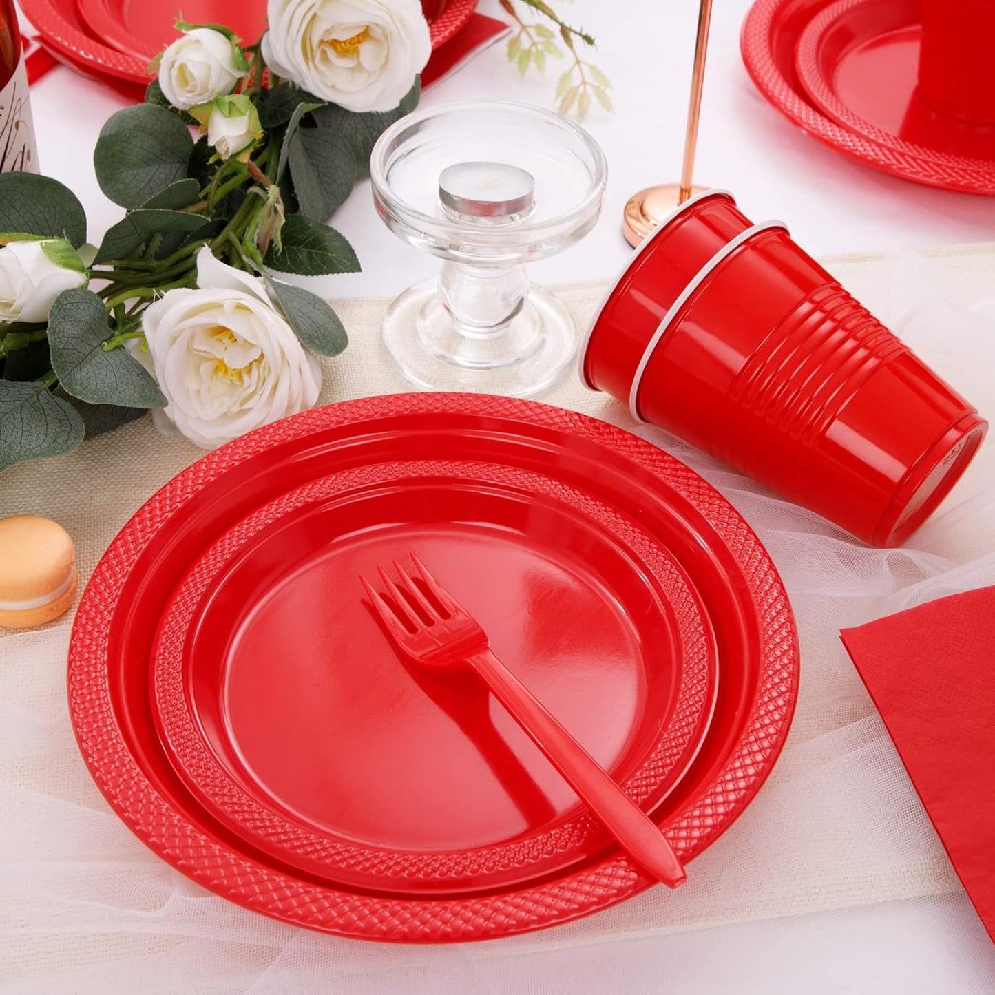 WELLIFE 210Pcs Red Plastic Plates, Disposable Dinnerware Set, Party Supplies Including Red plates, 12oz Cups, plastic Cutlery and Napkins Serve 30 Guests, Plastic Plates for Party