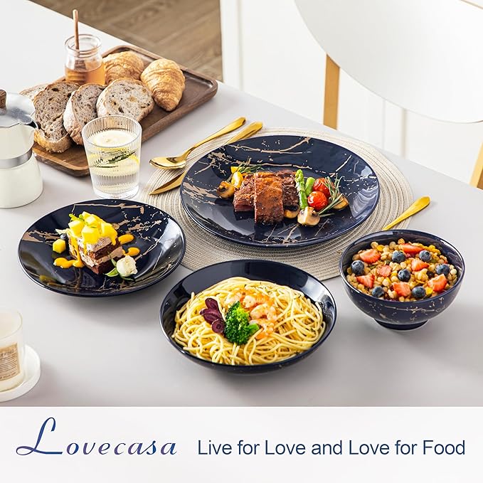 LOVECASA Plates and Bowls Sets for 6, 24 Pieces Porcelain Dinnerware Sets, Dark Blue and Gold Dish Set Gold Splash Dishware Sets, Dishwasher Microwave Safe