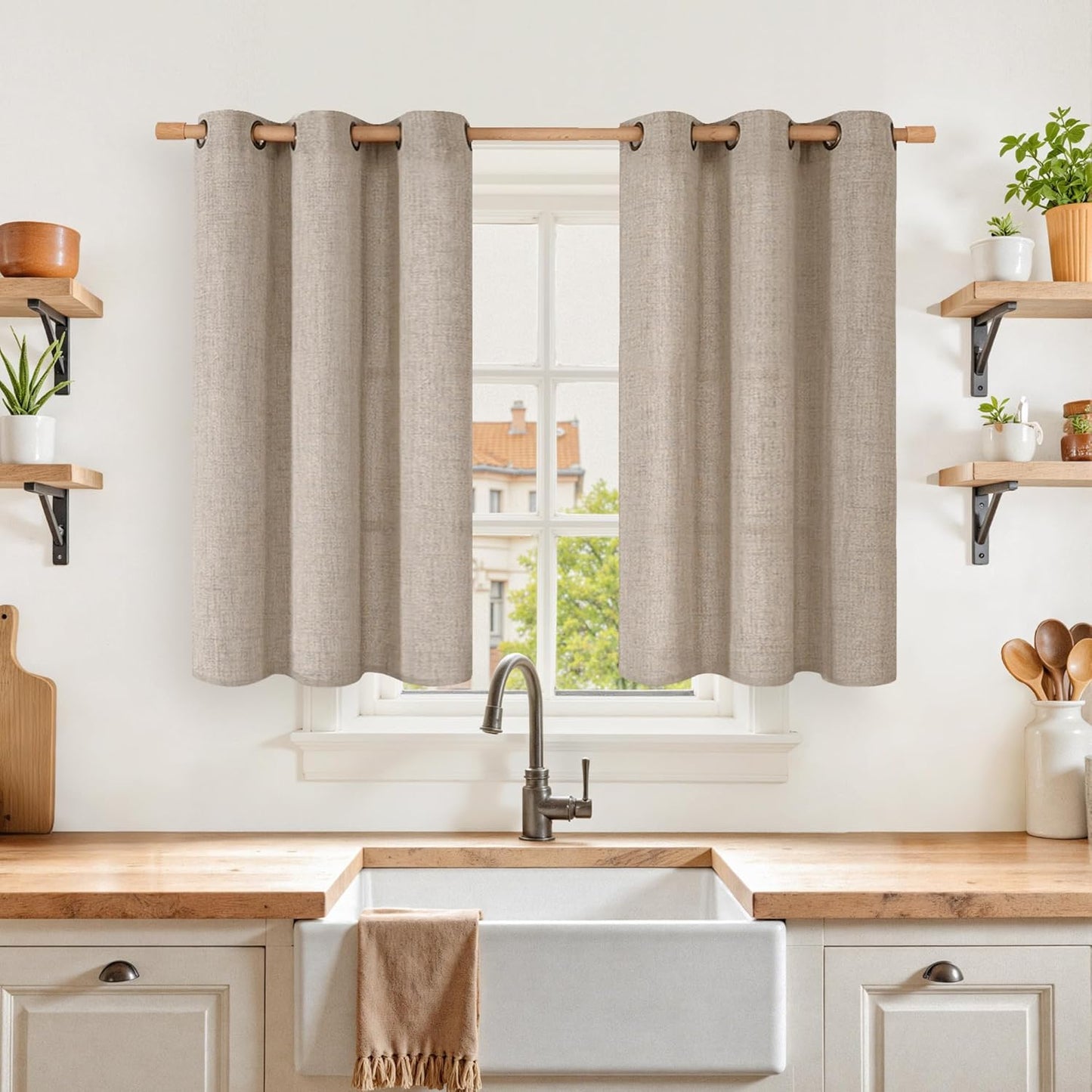 YoungsTex Oatmeal Linen Semi Sheer Curtains 40 lnches Length for Kitchen Cafe Windows, Textured Short Drapes with Bronze Grommet Light Filtering for Bathroom Bedroom, 2 Panels, 42 X 40 Inch