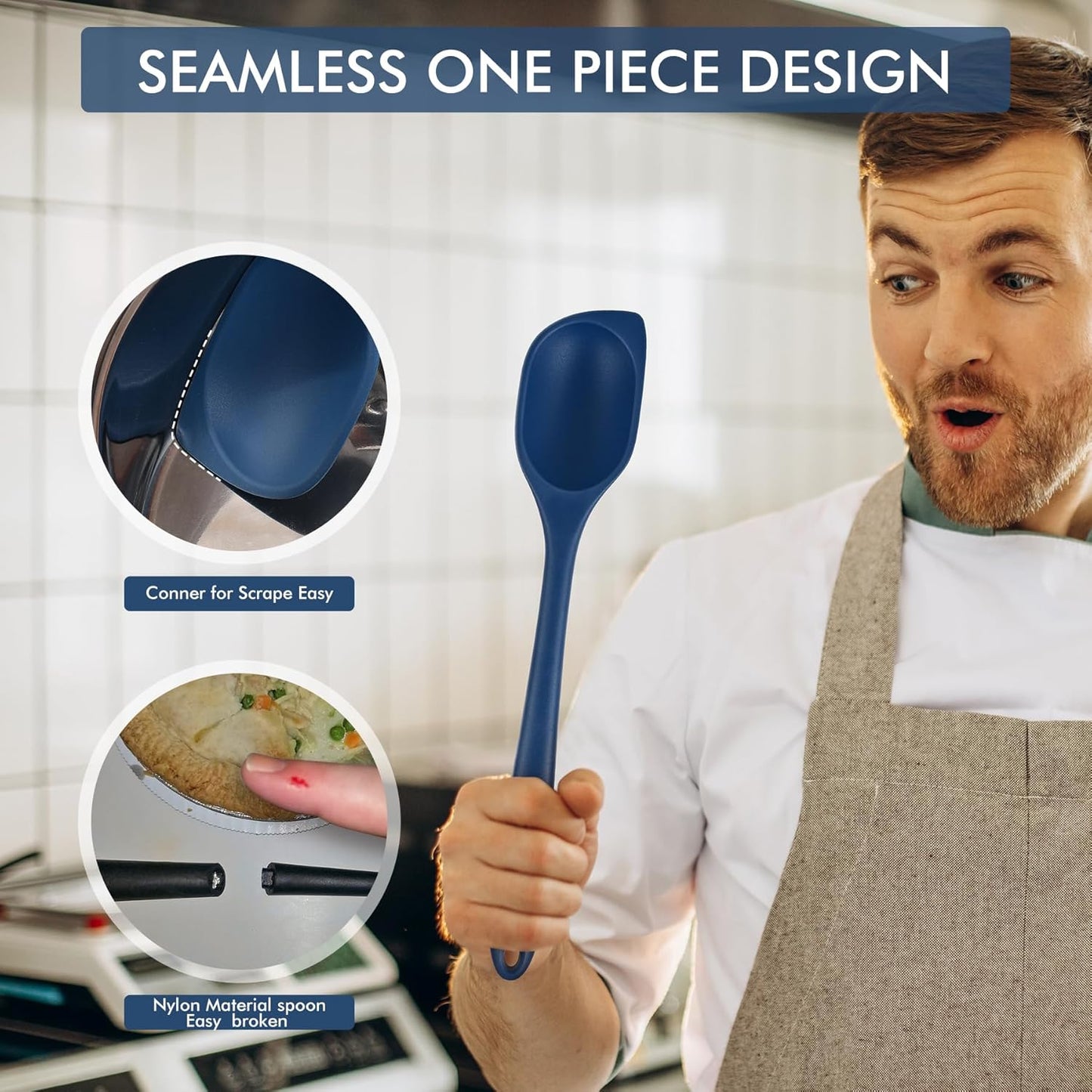 HOTEC 446°F Heat Resistant Silicone Cooking Spoon Spatula, BPA Free Large Kitchen Solid and Slotted Spoons for Mixing, Serving, Scraping, Non-stick, Dishwasher Safe Classic Blue 12.5inch