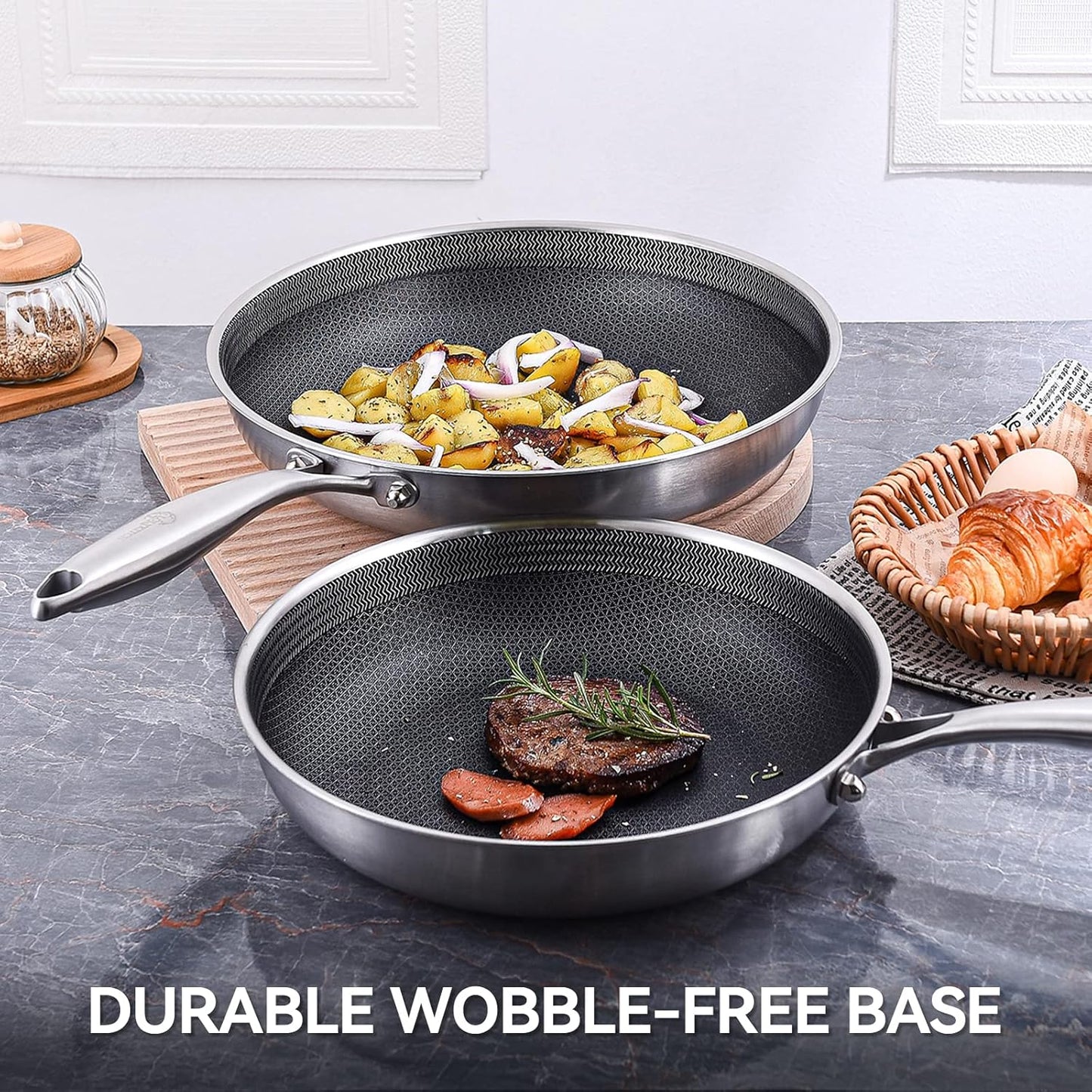 LOLYKITCH 8-10-12 Inch Hybrid Tri-Ply Stainless Steel Non-Stick Frying Pan Set of 3,Skillets,Induction Cooking Pans,Pots and Pans Set,Dishwasher and Oven Safe,Detachable Handle.