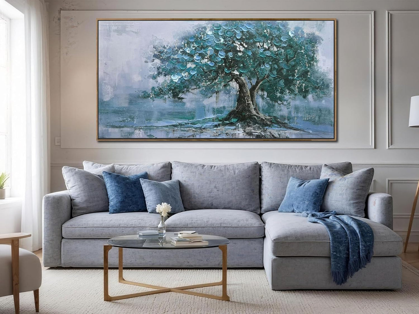 Ardemy Tree Framed Canvas Wall Art for Living Room Large Teal Tree of Life Pictures Wall Decor Landscape Bedroom Nature Paintings Artwork Home Office Dining Room Kitchen, 48"x28"