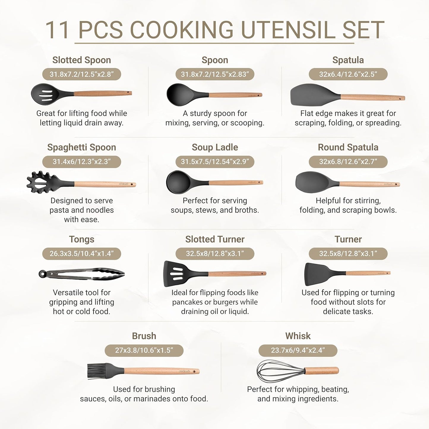 11-Piece Silicone Kitchen Utensil Set with Spatulas, Tongs, Whisk, Turner & Ladle – Heat Resistant, Non-Scratch Cooking Tools with Wooden Handles, Dishwasher Safe, BPA-Free (Black)