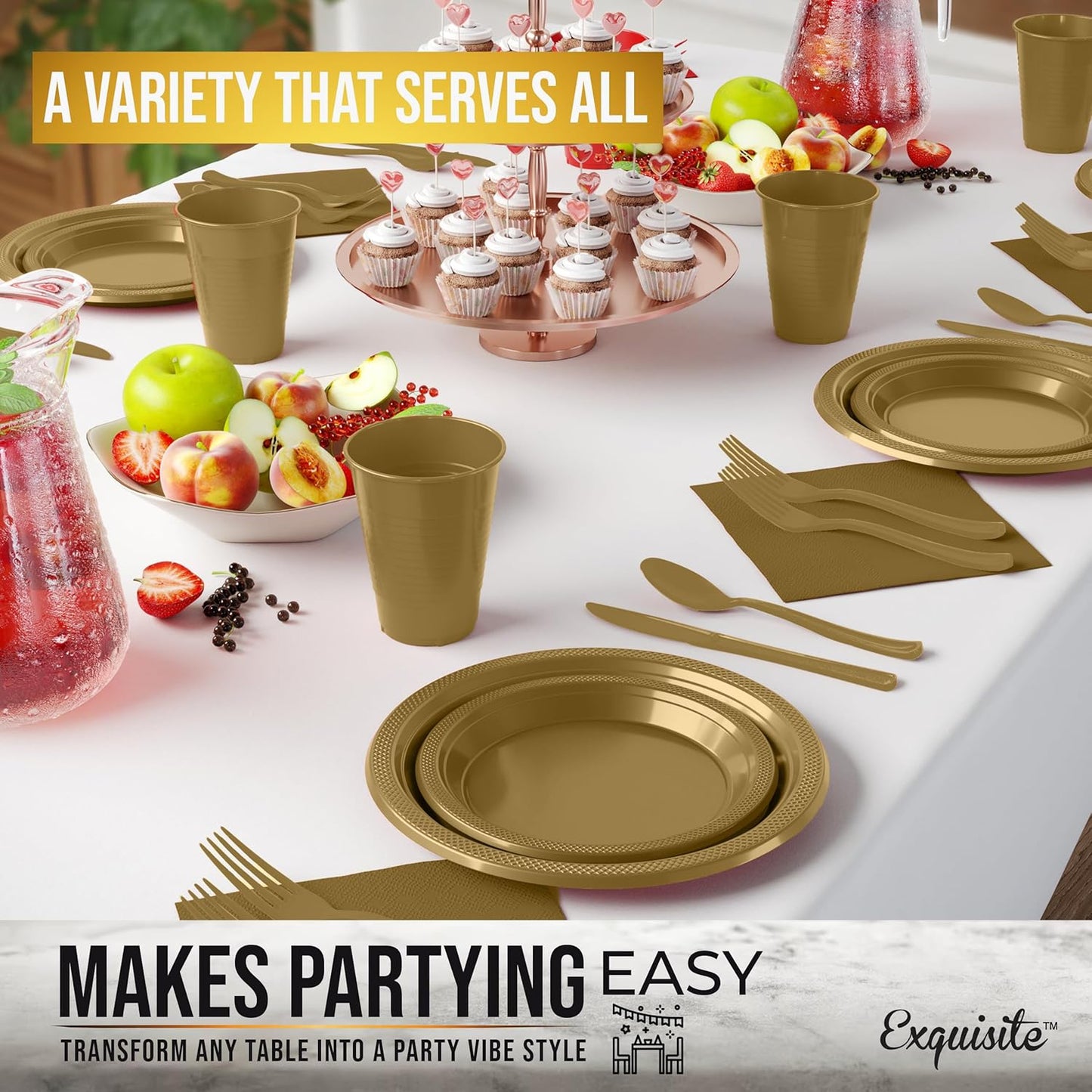 Party Solids 350 Pieces Gold Plastic Plates For Party, Gold Disposable Plates Set, 50 Of Each 9" Dinner Plate Set, 7" Dessert Plate, Cups, Napkins & Cutlery Plastic Dinnerware