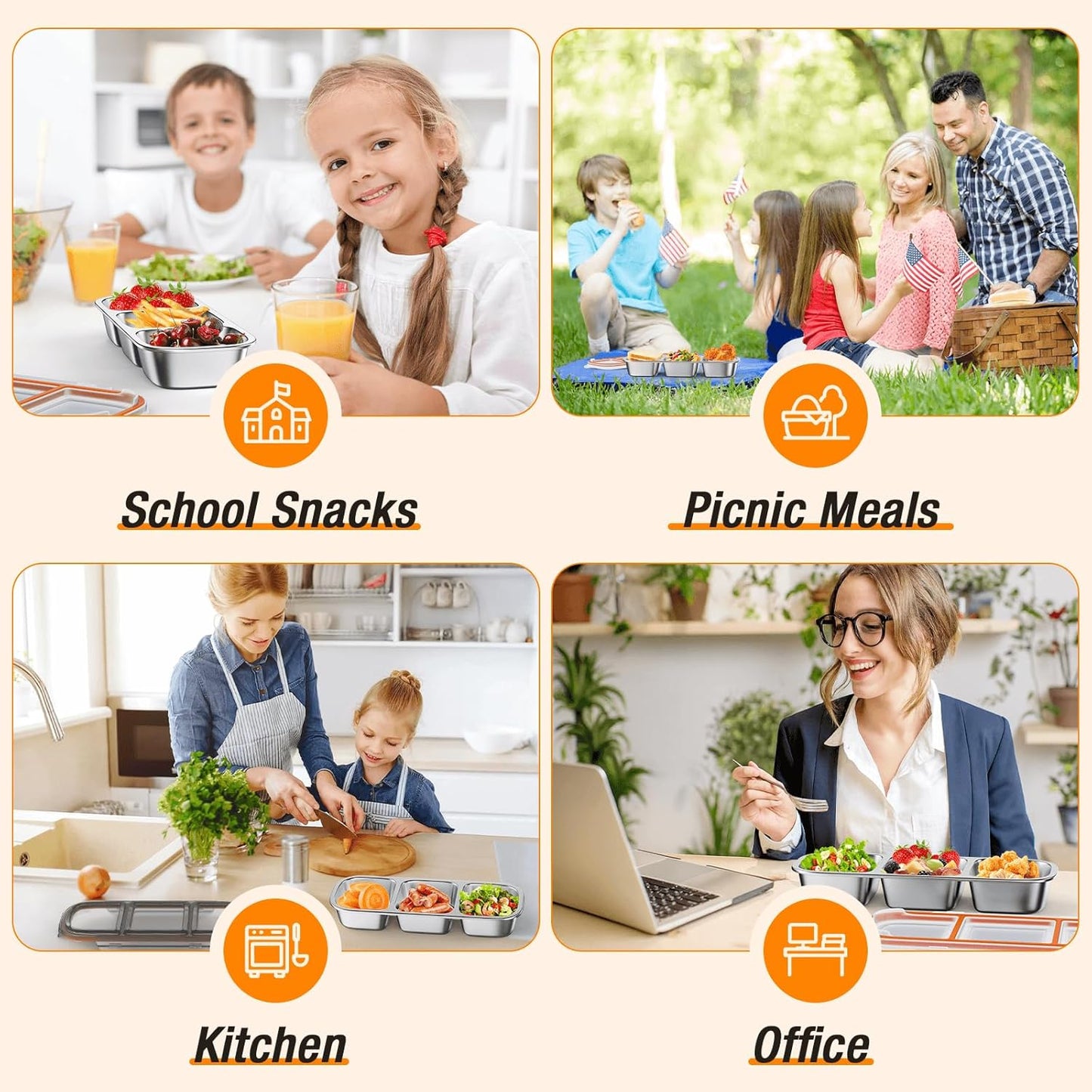 Stainless Steel Snackle Box Container - 3 Compartment Reusable Snack Containers with Lids for Kids, Leak-Resistant Divided Snack Food Storage Containers for School, Office, Travel (Gray)