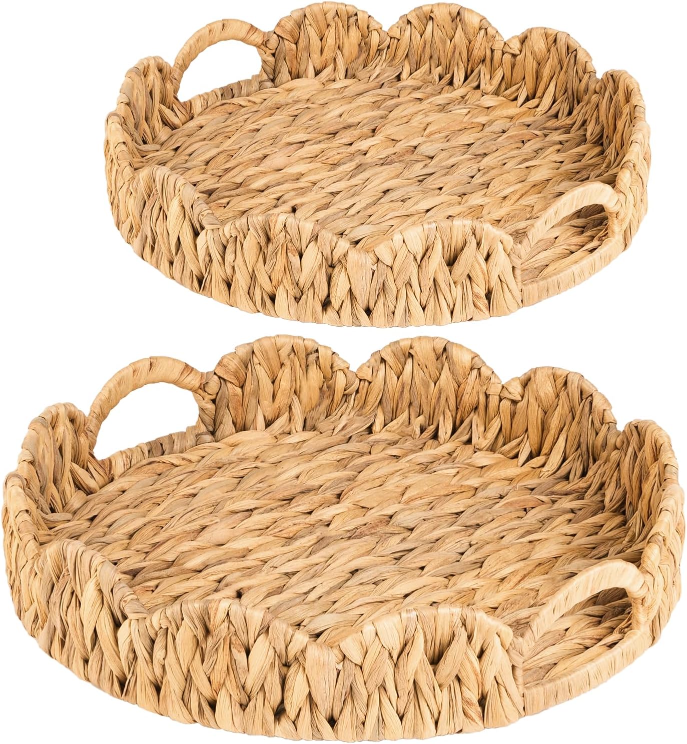 Scalloped Edge Round Tray, Round Serving Tray with Built-in Handles, Wicker Woven Decoratve Tray Basket Organize for Coffee Table Home Decor, Water Hyacinth Rattan Tray，Set of 2, Natural