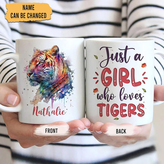 Hyturtle Personalized Gifts Tiger Lover - Just A Girl Who Loves Tigers Custom Name Ceramic Coffee Mug Cup 11oz - Idea Cute Animal Lover Gifts For Women, Girl Daughter On Birthday, Christmas